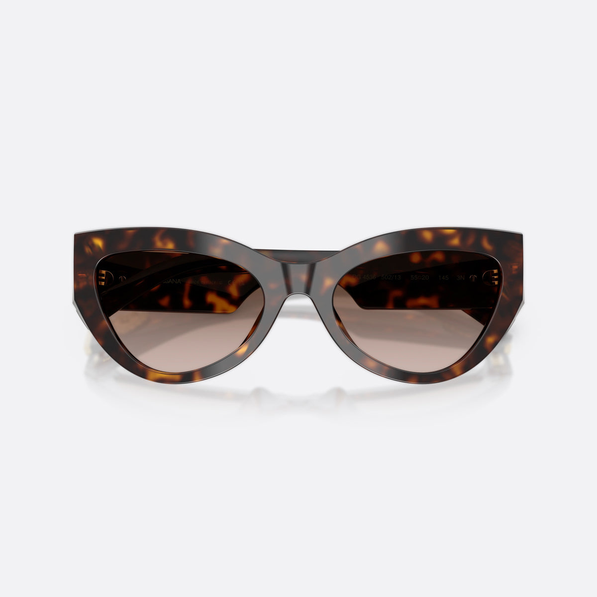 Dolce & Gabbana DG4536 502/13 sunglasses, havana cat eye frame for women, plain bridge, brand logo on heart plaque, folded