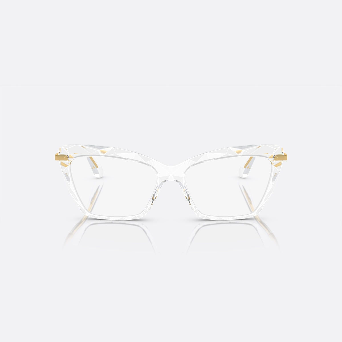 Dolce & Gabbana DG5025 3133 eyeglasses, clear cat eye frame for women, integrated bridge with angled peak, tapered temple ends, front view