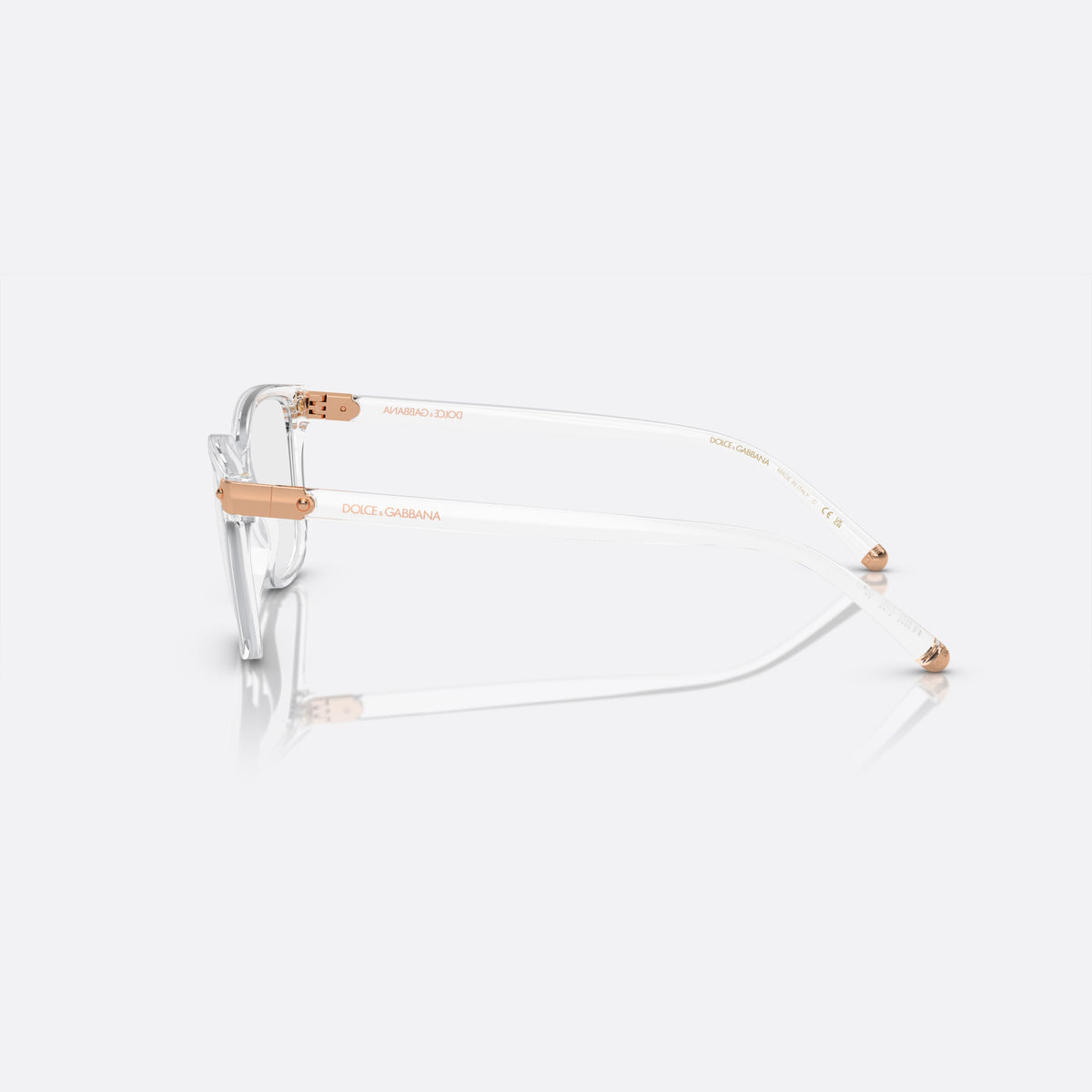 Dolce & Gabbana DG5036 3133 eyeglasses, clear butterfly frame for women, plain integrated bridge, brand lettering on temples