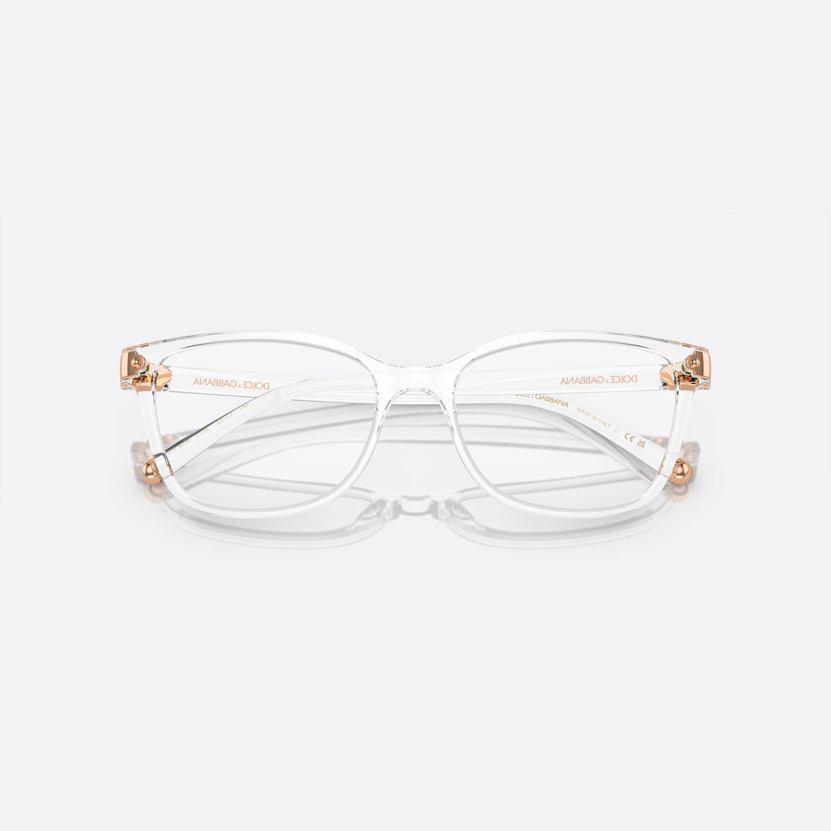 Dolce & Gabbana DG5036 3133 eyeglasses, clear butterfly frame for women, plain integrated bridge, brand lettering on temples