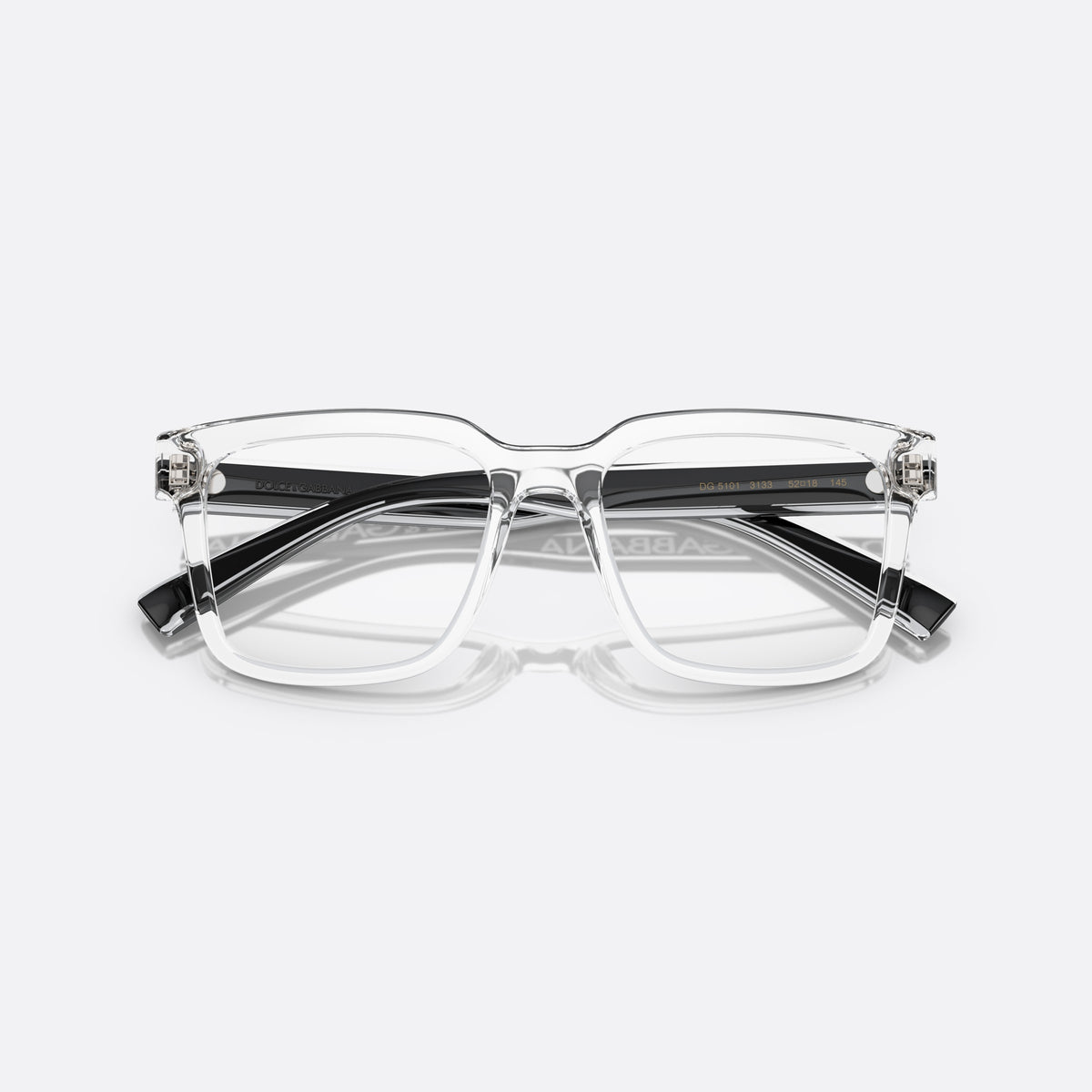 Dolce & Gabbana DG5101 3133 V eyeglasses, clear square frame for men, plain bridge, brand lettering on temples, flat temples