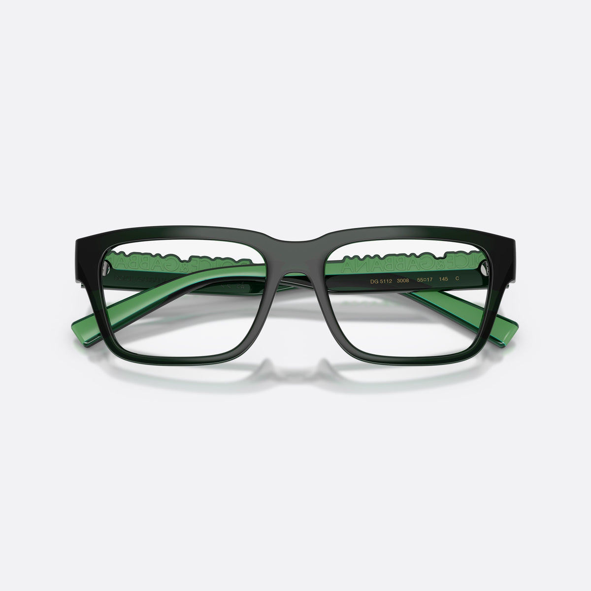 Dolce & Gabbana DG5112 3008 eyeglasses, green rectangle frame, unisex, plain bridge, brand lettering on temples, full-rim frame, folded