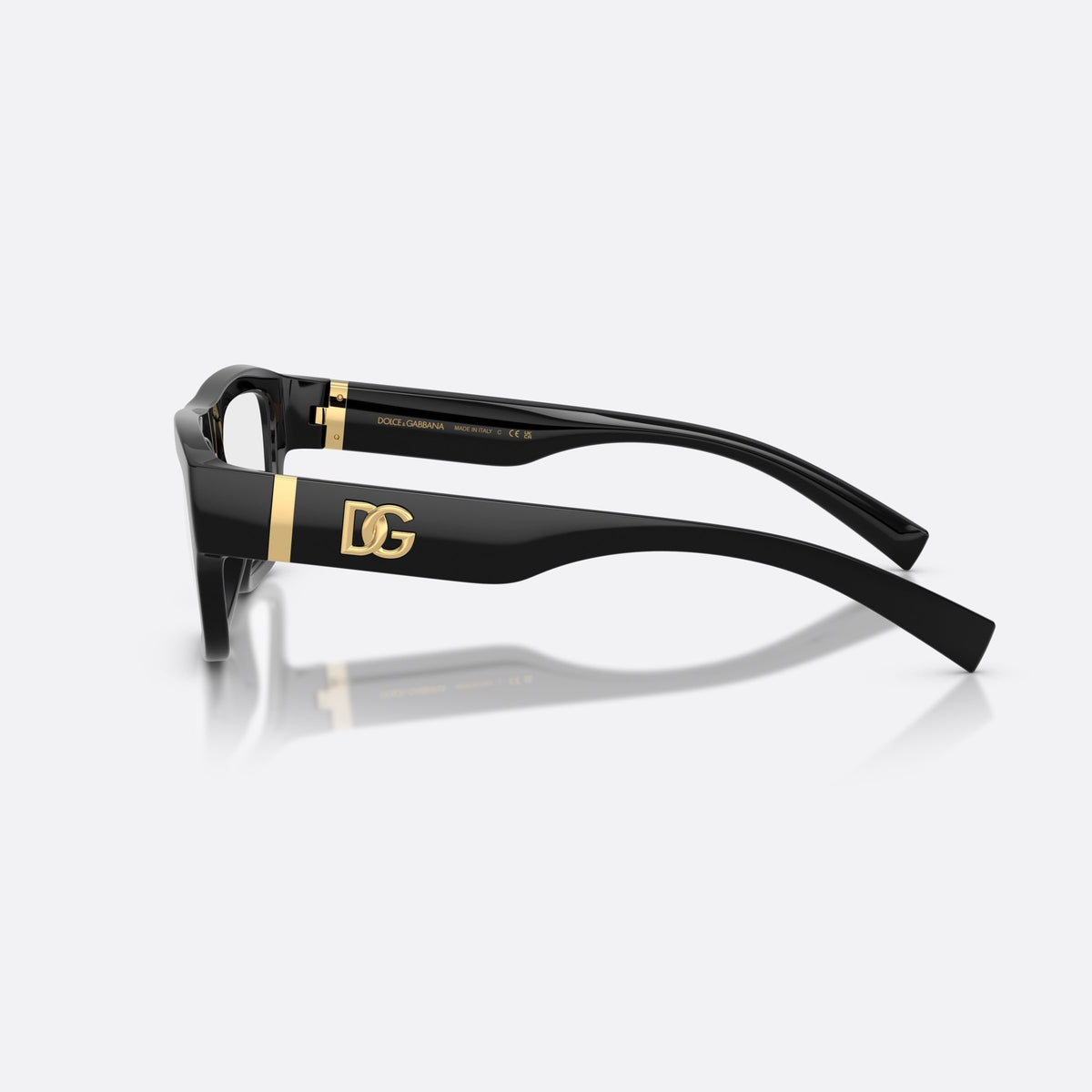 Dolce & Gabbana DG5114 501 eyeglasses, black rectangle frame for men, saddle bridge, gold-tone brand logo on temple, side view