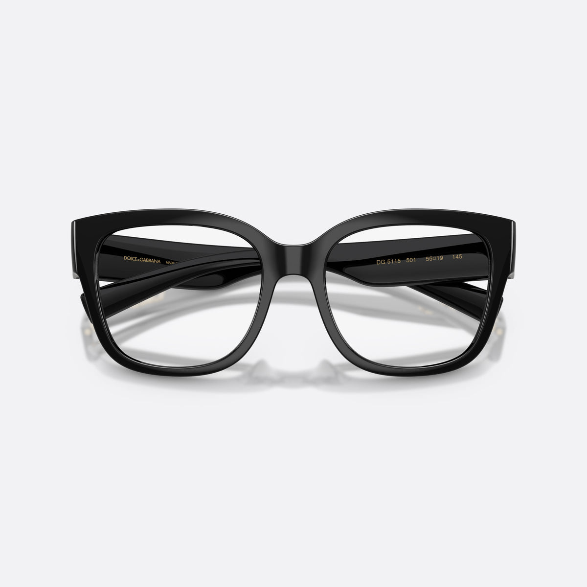 Dolce & Gabbana DG5115 501 eyeglasses, black butterfly frame for women, keyhole bridge, brand lettering on temples, full-rim frame, folded