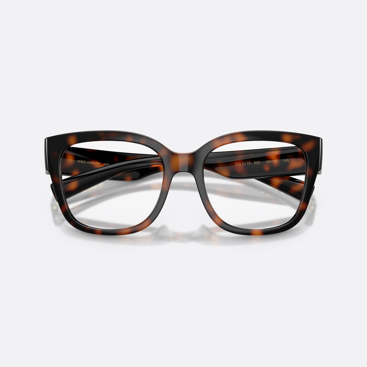 Dolce & Gabbana DG5115 502 eyeglasses, havana butterfly frame for women, plain bridge, integrated into rim, gold-tone hinges, folded