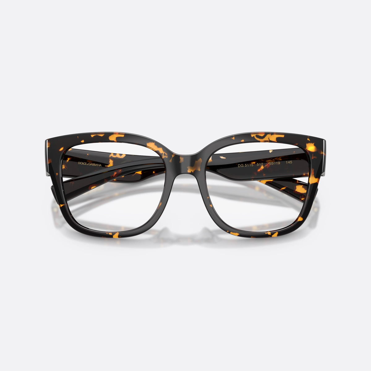 Dolce & Gabbana DG5115 512 eyeglasses, havana butterfly frame for women, plain bridge with arched top, brand logo plaque on temple, folded
