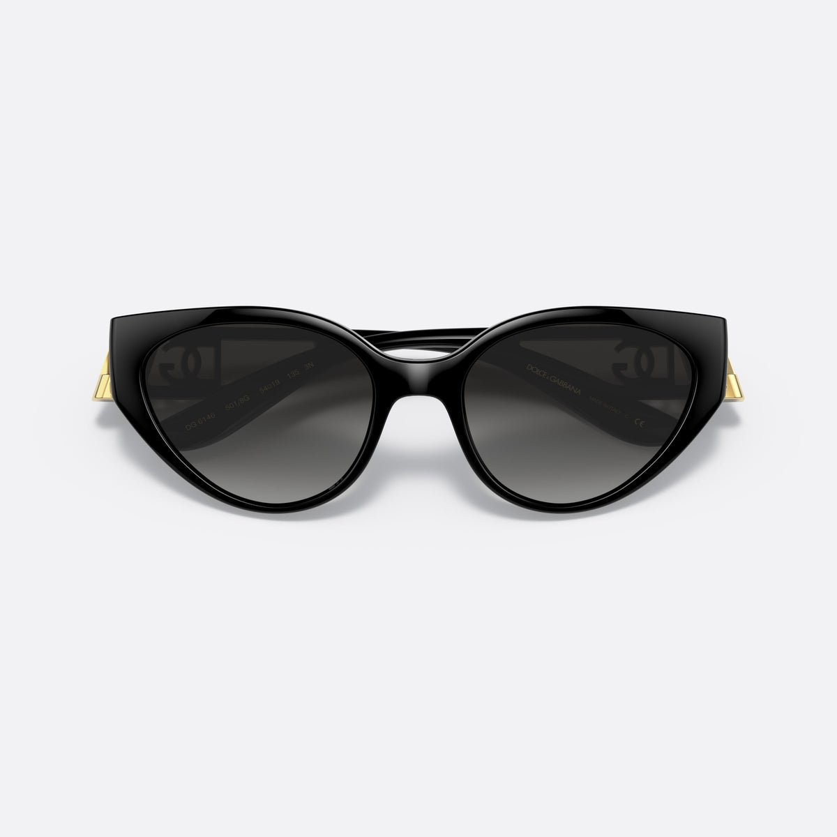 Ochelari de soare Dolce & Gabbana DG6146 501/8G, cat eye negru, pentru femei, punte simplă, logoul brandului pe placa de pe braț, cu brațele pliate