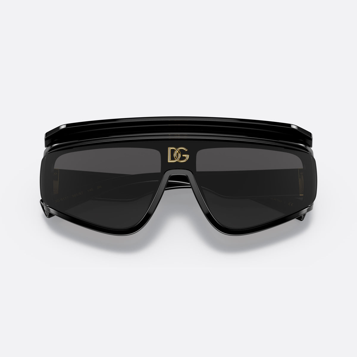 Dolce & Gabbana DG6177 501/87 sunglasses, black rectangle frame, unisex, integrated bridge with wide-set shape, wide tapered temples, folded