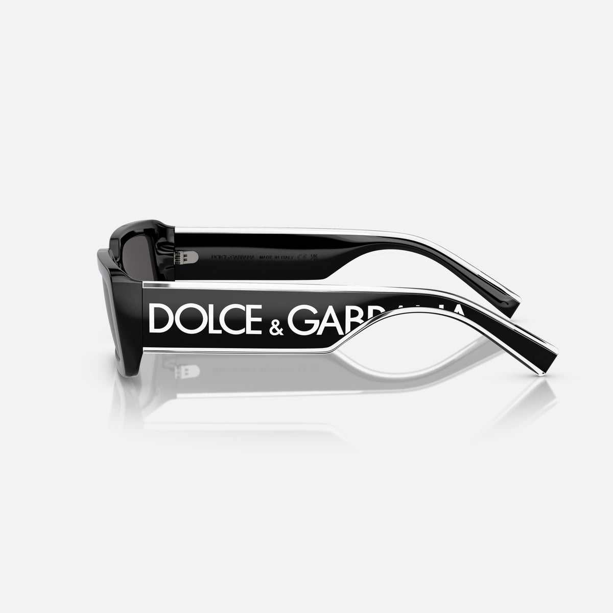Dolce & Gabbana DG6187 501/87 sunglasses, black rectangle frame, unisex, plain integrated bridge, brand lettering on temples, side view