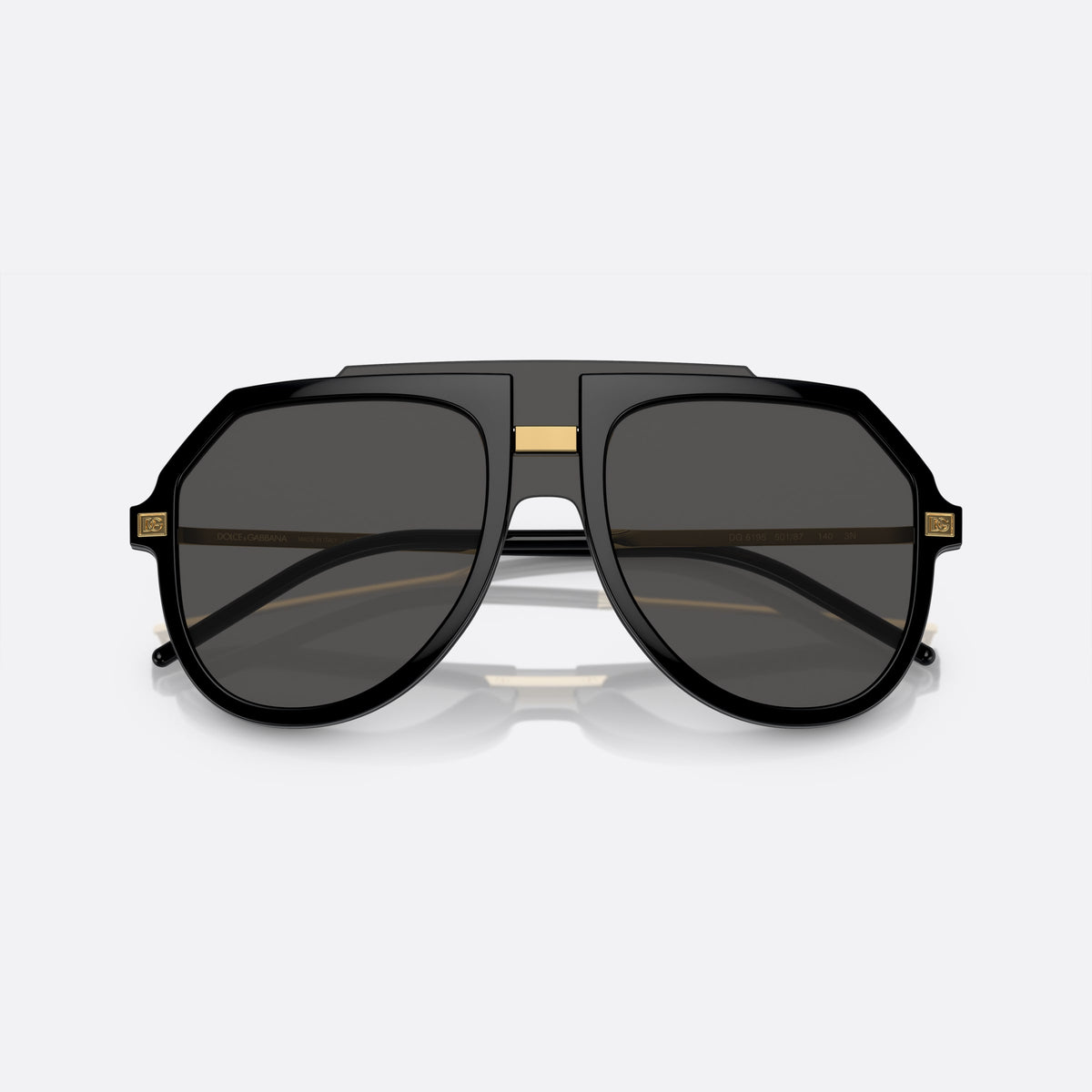 Dolce & Gabbana DG6195 501/87 sunglasses, black pilot frame for men, double bridge with gold-tone plate, folded