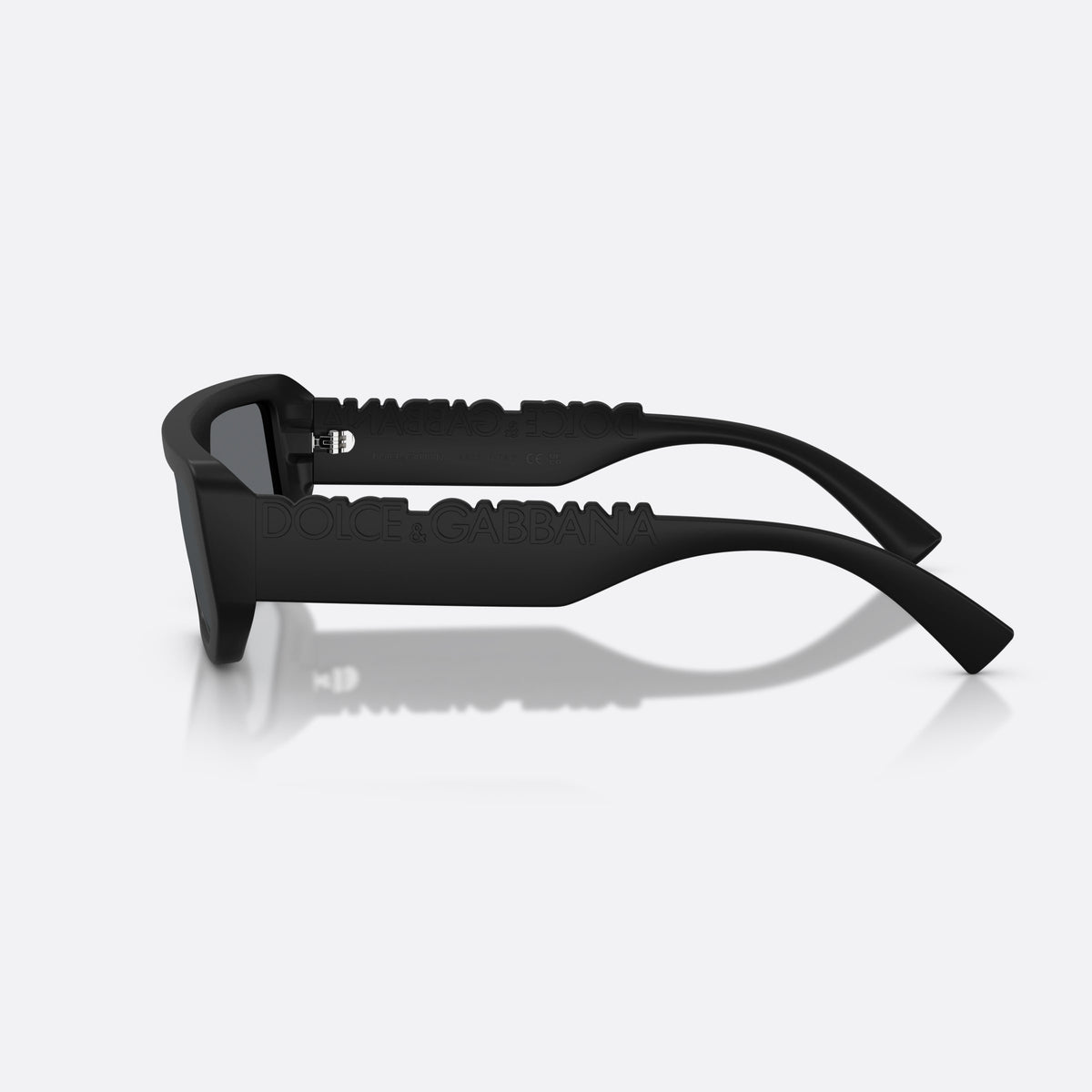 Dolce & Gabbana DG6203 25256G sunglasses, black rectangle frame, unisex, plain bridge, single piece, wide tapered temples, side view