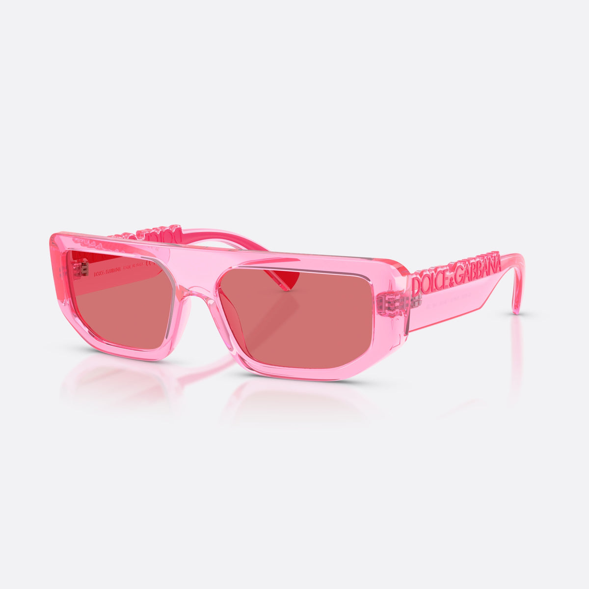 Dolce & Gabbana DG6203 314875 sunglasses, pink rectangle frame, unisex, plain integrated bridge, brand lettering on temples