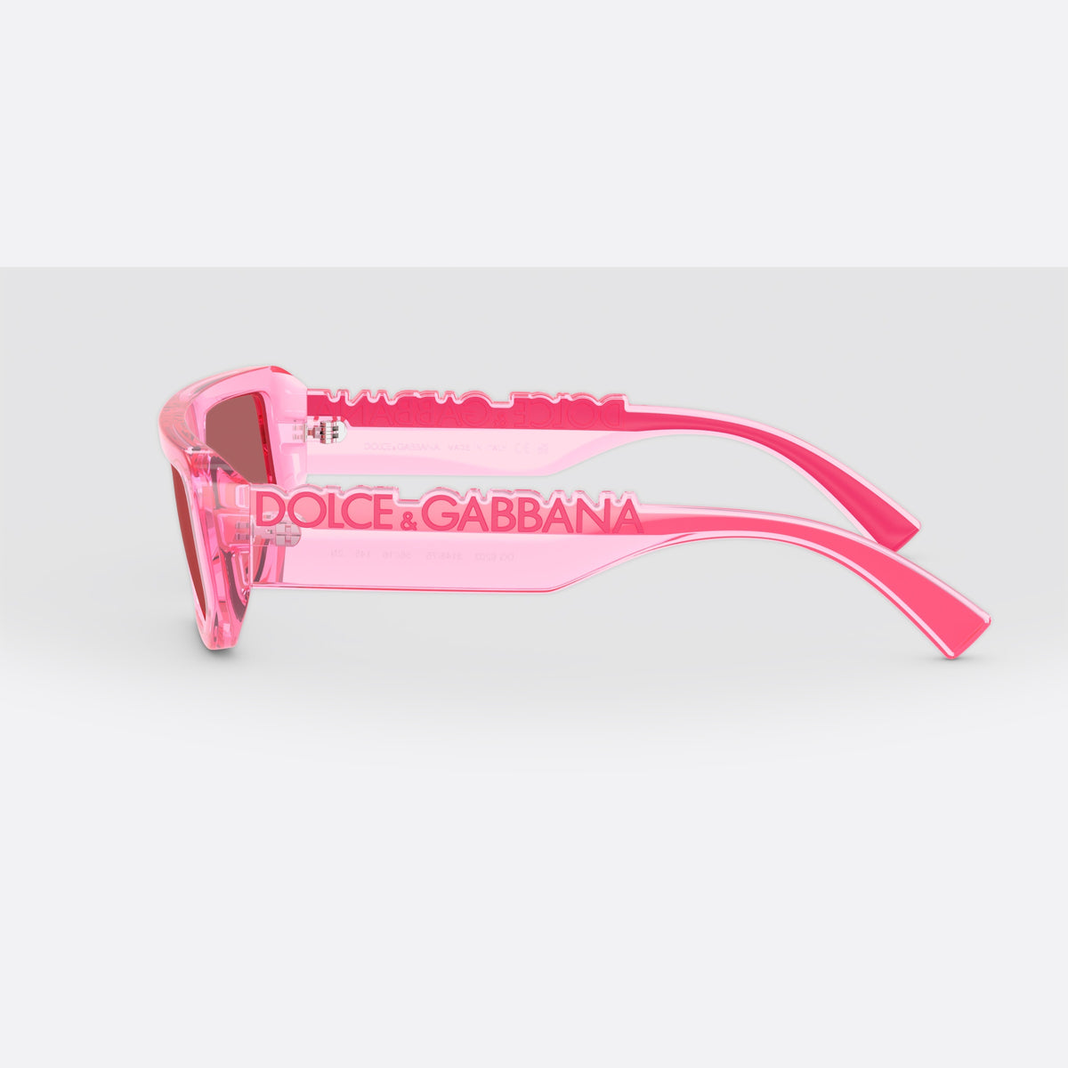 Dolce & Gabbana DG6203 314875 sunglasses, pink rectangle frame, unisex, plain integrated bridge, brand lettering on temples, side view