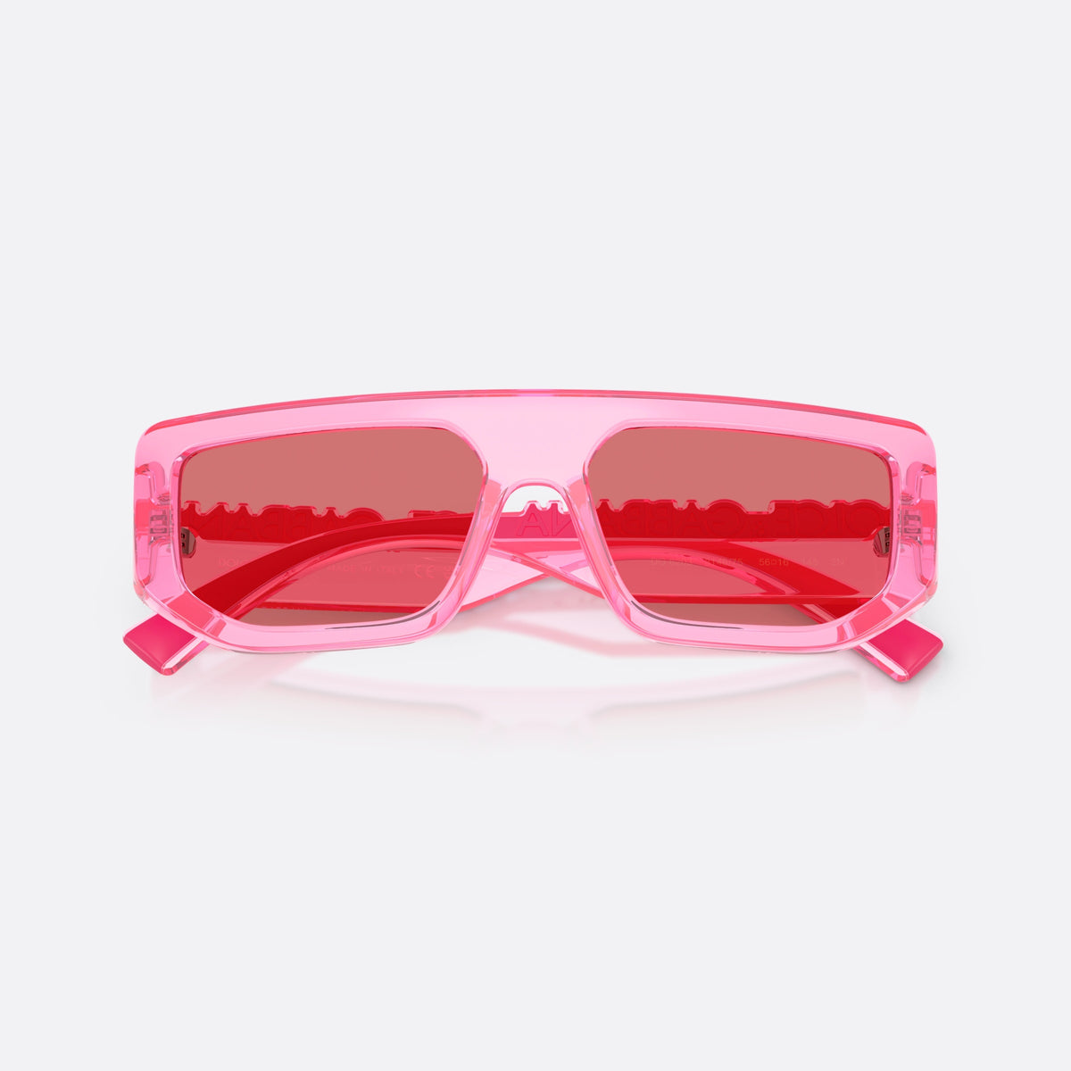 Dolce & Gabbana DG6203 314875 sunglasses, pink rectangle frame, unisex, plain integrated bridge, brand lettering on temples, folded