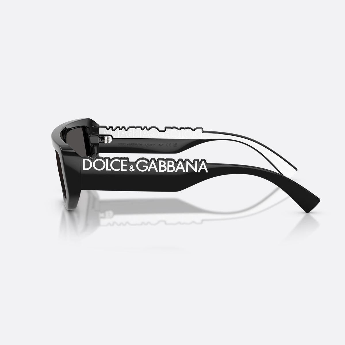 Dolce & Gabbana DG6203 501/87 sunglasses, black rectangle frame, unisex, plain integrated bridge, brand lettering on temple, side view
