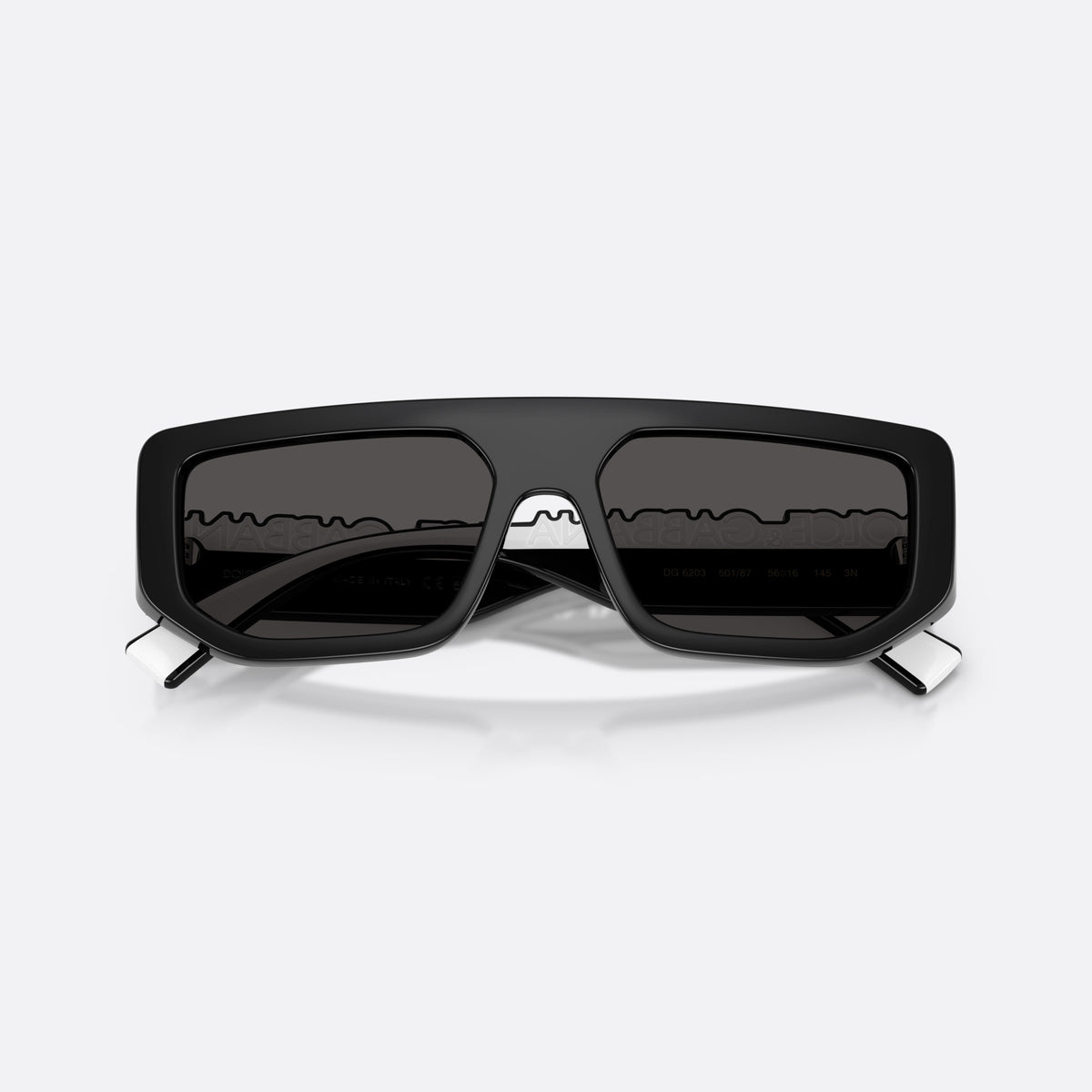 Dolce & Gabbana DG6203 501/87 sunglasses, black rectangle frame, unisex, plain integrated bridge, brand lettering on temple, folded