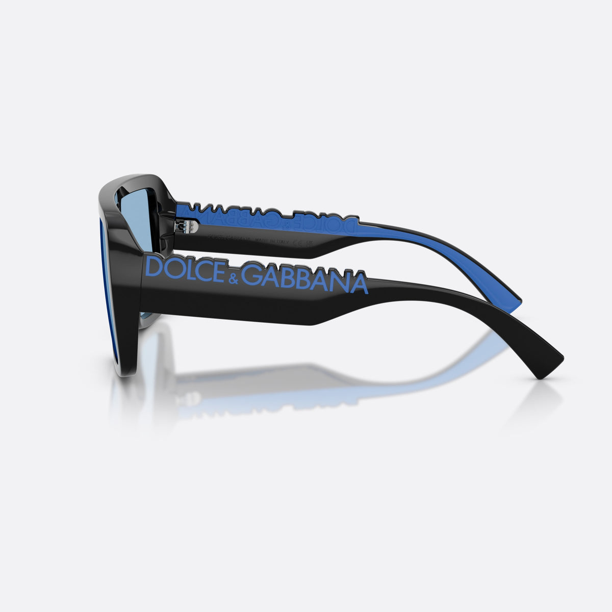 Dolce & Gabbana DG6204 501/80 sunglasses, black rectangle frame, unisex, single narrow central bridge, brand lettering on temples, side view