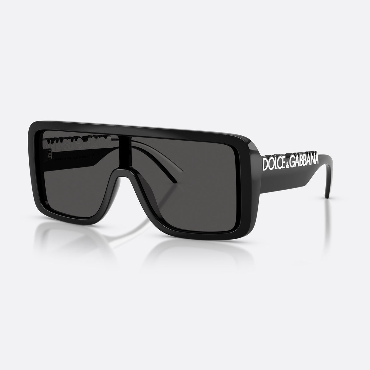 Dolce & Gabbana DG6204 501/87 sunglasses, black rectangle frame, unisex, plain integrated bridge, brand lettering on temples