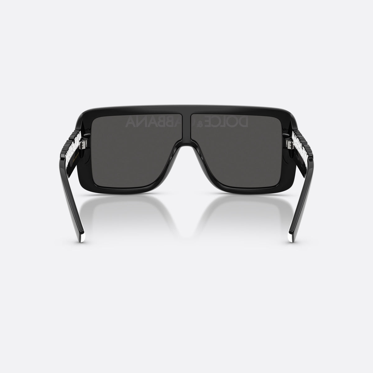 Dolce & Gabbana DG6204 L50187 sunglasses, black rectangle frame, unisex, integrated bridge on lens, brand lettering on the temples, back view