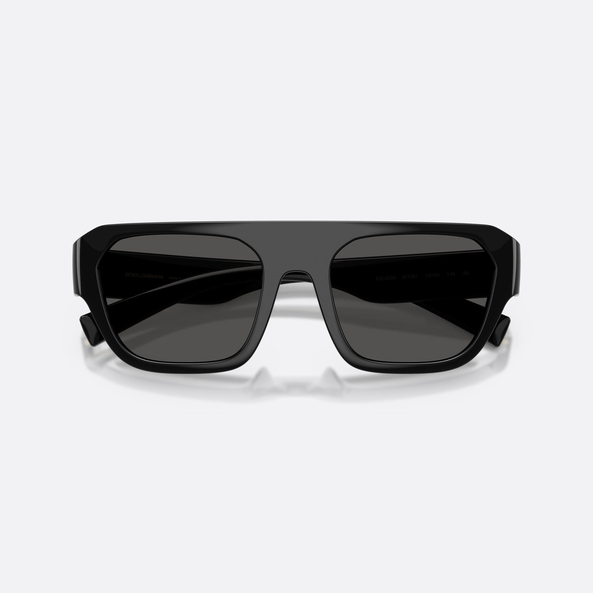 Dolce & Gabbana DG6206 501/87 sunglasses, black square frame for men, keyhole bridge, brand logo on temple, wide tapered temples, folded