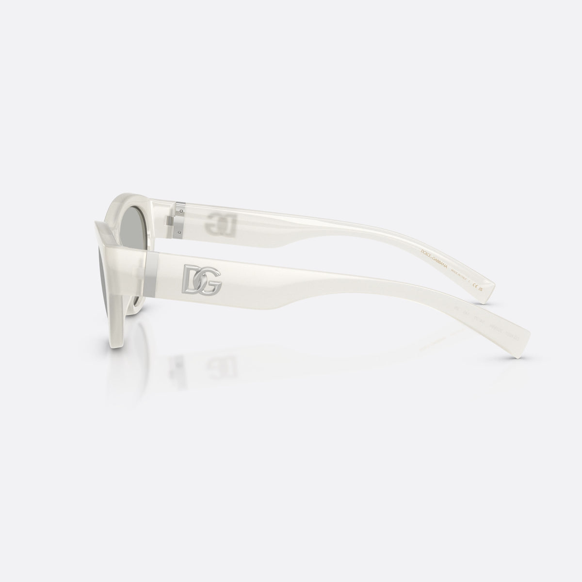 Dolce & Gabbana DG6207 30398V sunglasses, white cat eye frame for women, plain integrated bridge, brand logo plaque on temple, side view