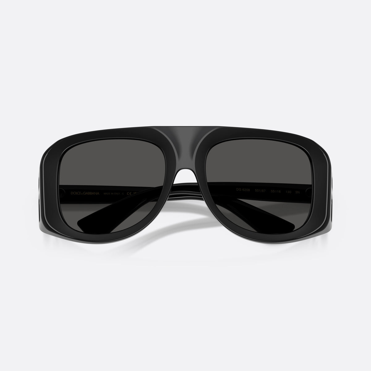 Dolce & Gabbana DG6208 501/87 sunglasses, black pilot frame for men, plain double bridge, brand lettering on temples, folded