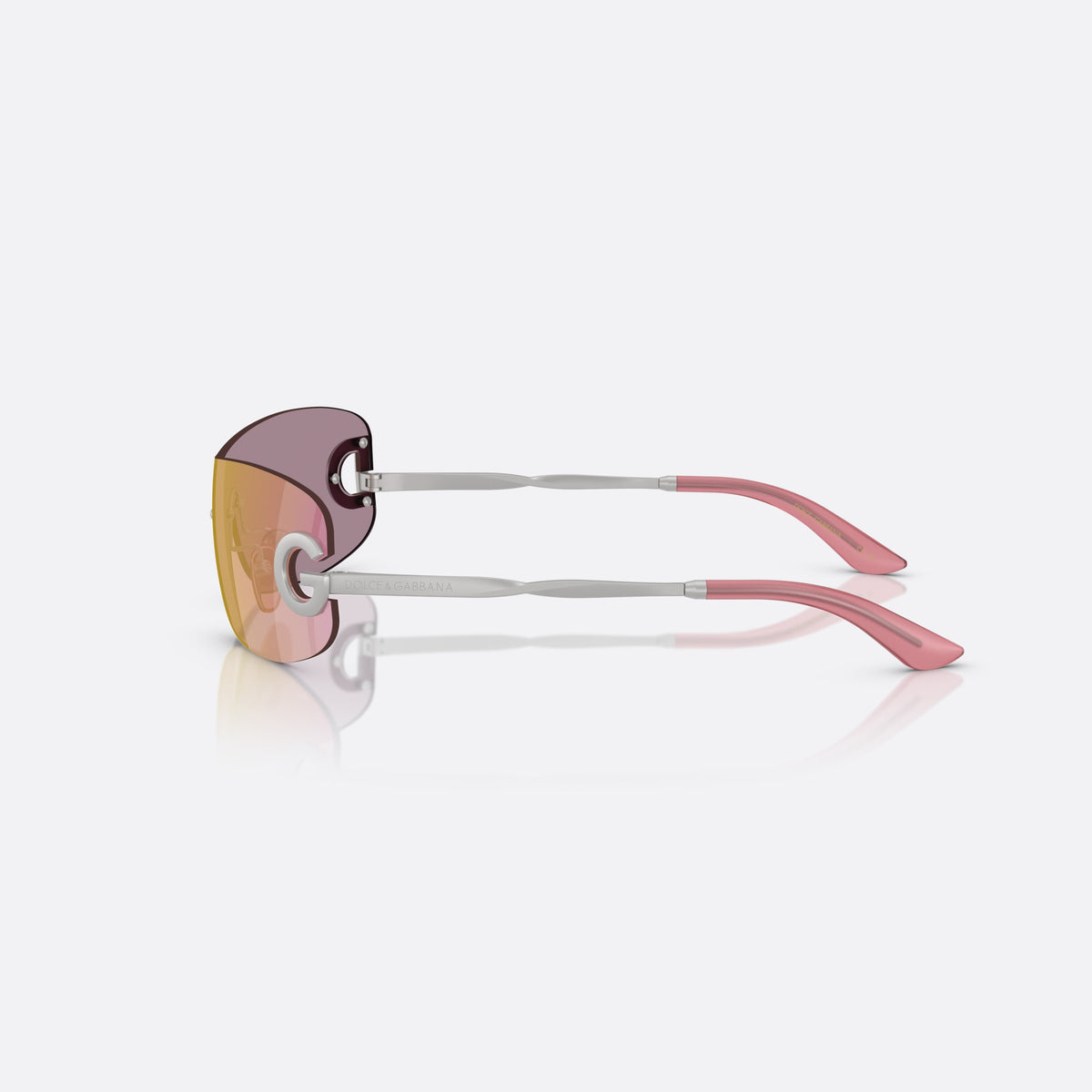 Dolce & Gabbana DX2001 13641T sunglasses, silver rectangle frame for kids, integrated bridge with two pins, pink tipped temple ends, side view