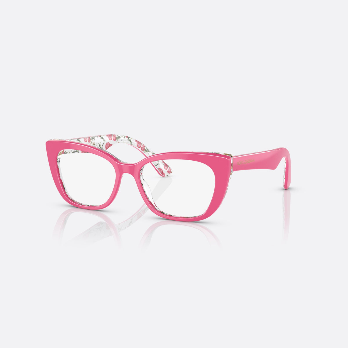 Dolce & Gabbana DX3357 3408 eyeglasses, pink cat eye frame for kids, plain bridge, brand lettering on temples
