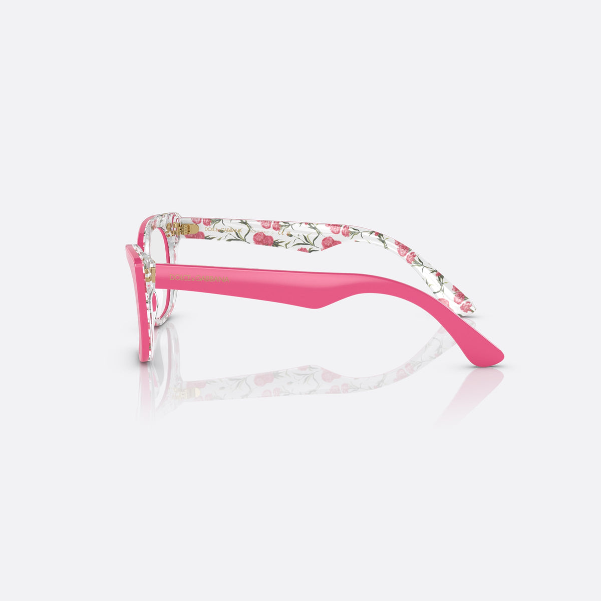 Dolce & Gabbana DX3357 3408 eyeglasses, pink cat eye frame for kids, plain bridge, brand lettering on temples, side view