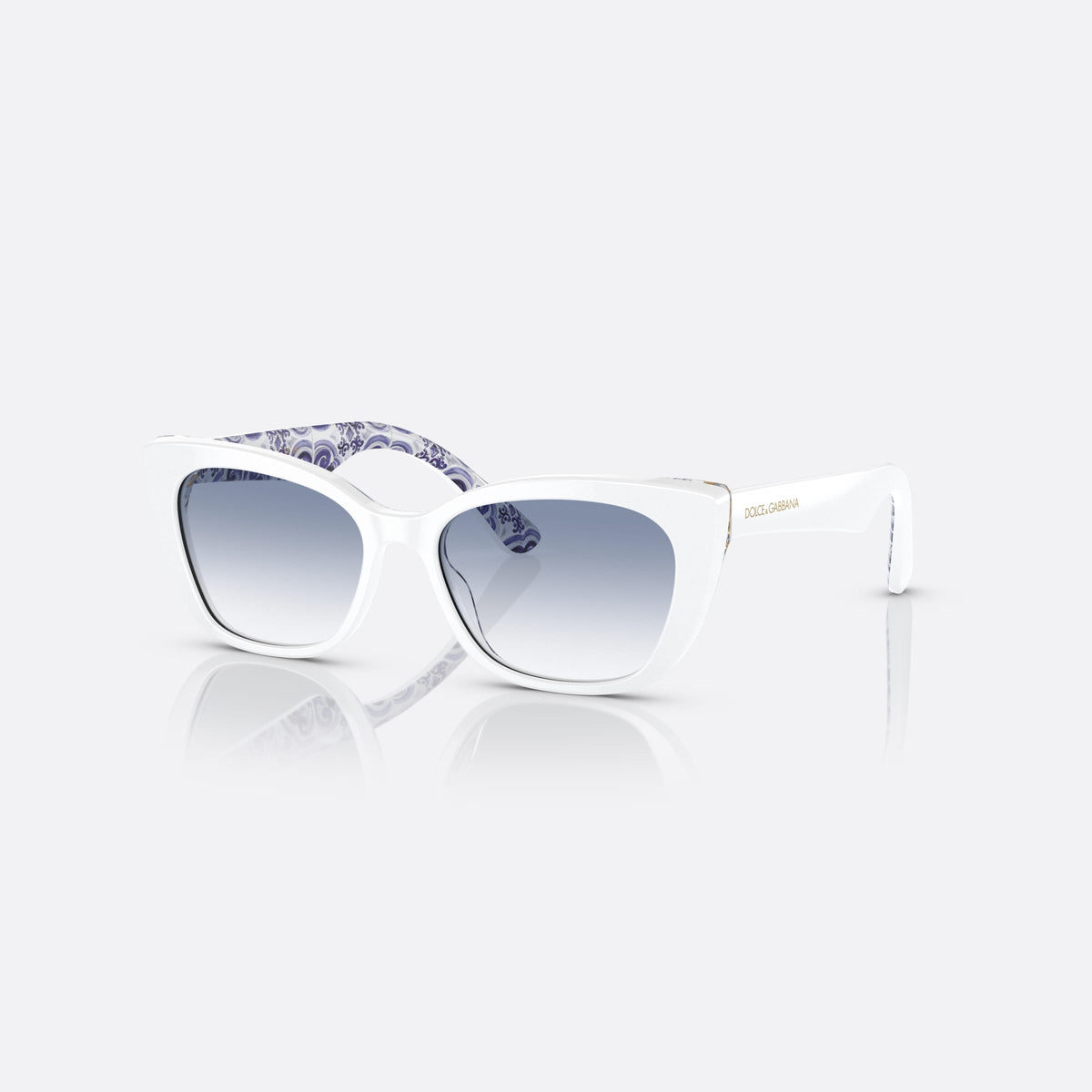 Dolce & Gabbana DX4427 337119 sunglasses, white cat eye frame for kids, plain bridge, brand lettering on temple, full-rim frame
