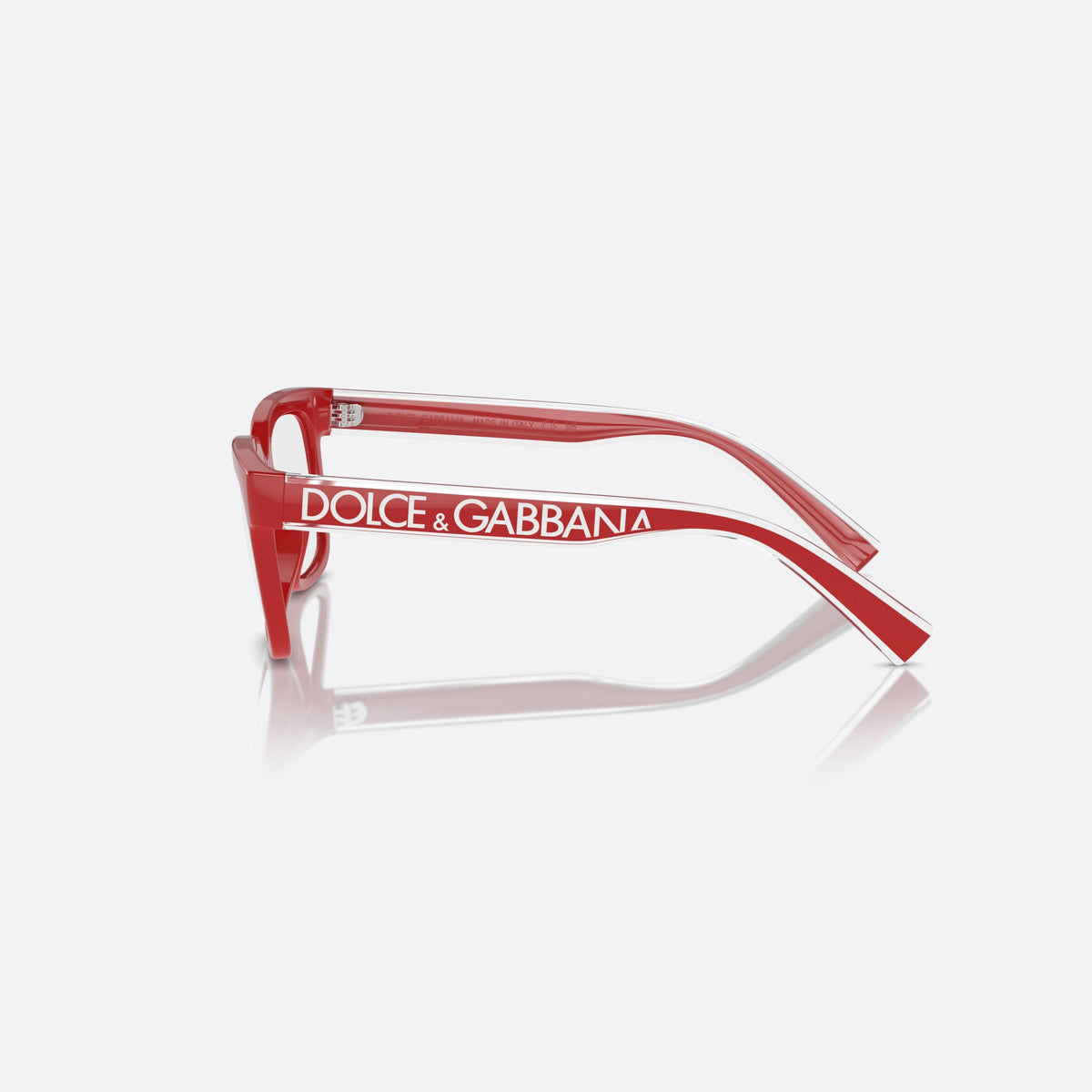 Dolce & Gabbana DX5002 3088 eyeglasses, red rectangle frame for kids, plain integrated bridge, brand lettering on temples, side view