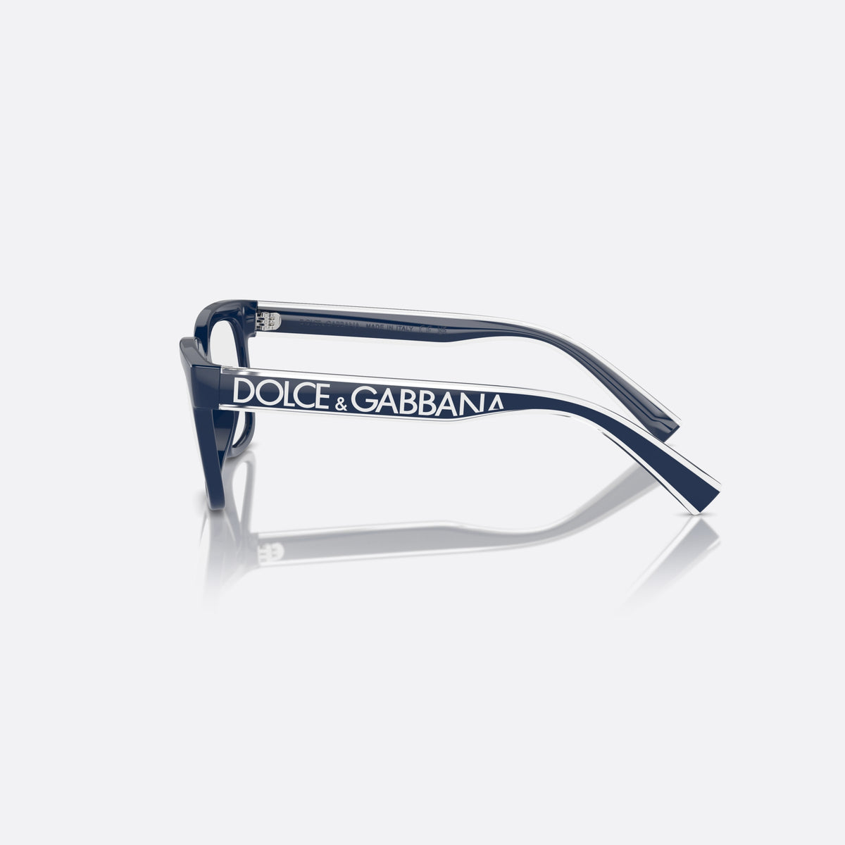 Dolce & Gabbana DX5002 3094 eyeglasses, blue rectangle frame for kids, plain bridge, brand lettering on temples, full-rim frame, side view