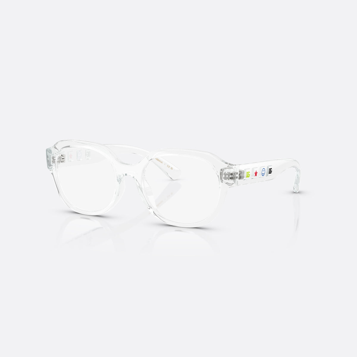 Dolce & Gabbana DX5004U 3133 eyeglasses, clear round frame for kids, plain bridge with smooth arc, brand logo on temples