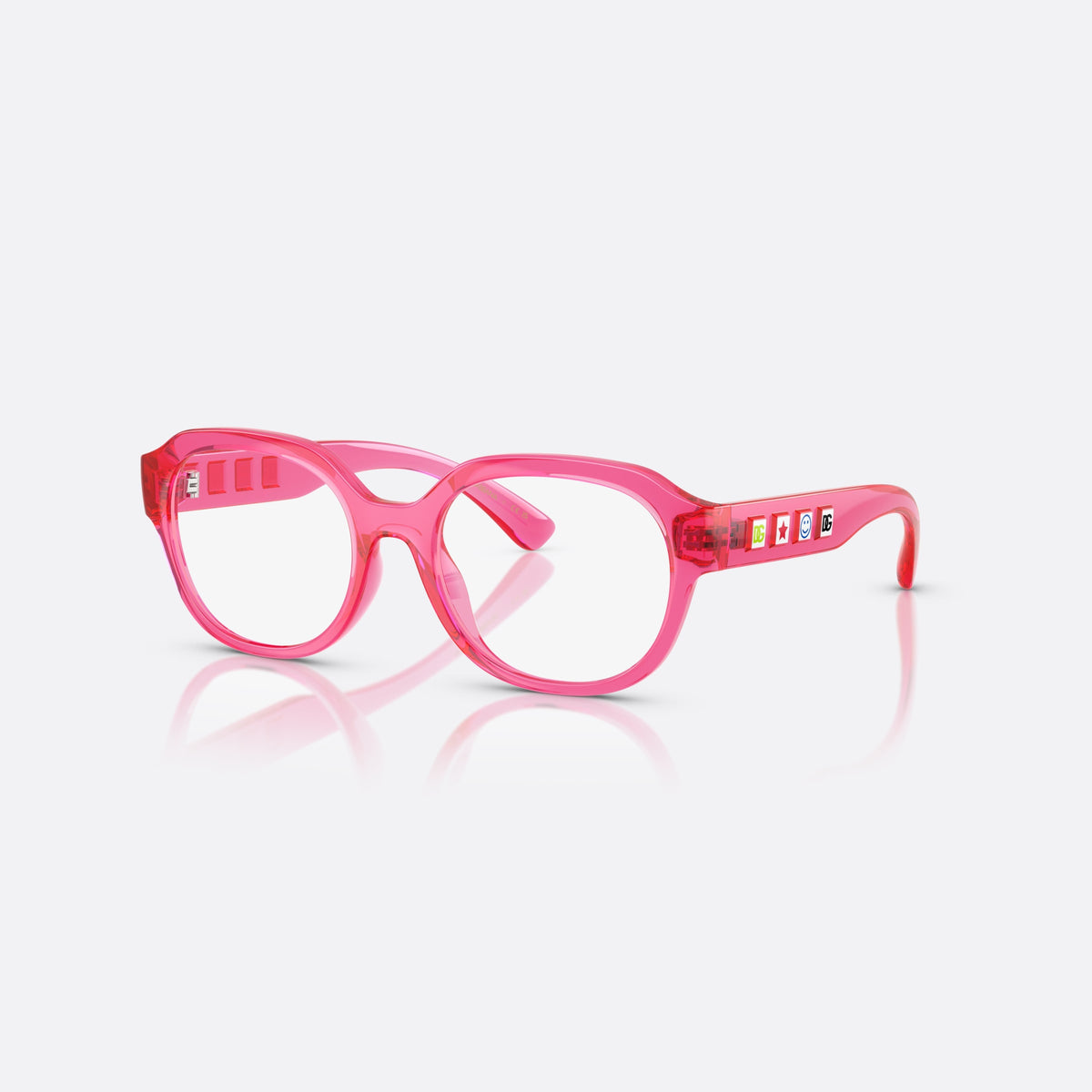 Dolce & Gabbana DX5004U 3450 eyeglasses, pink round frame for kids, plain bridge, brand logo on temple, clear lenses
