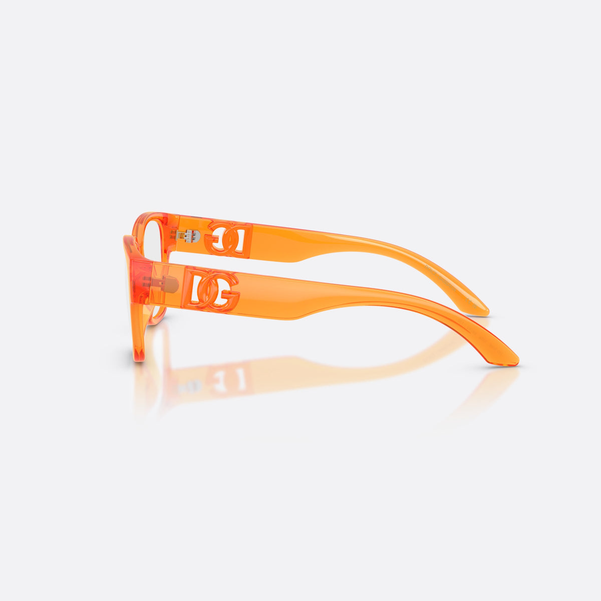 Dolce & Gabbana DX5006 3388 eyeglasses, orange square frame for kids, plain bridge, brand logo on temples, wide tapered temples, side view