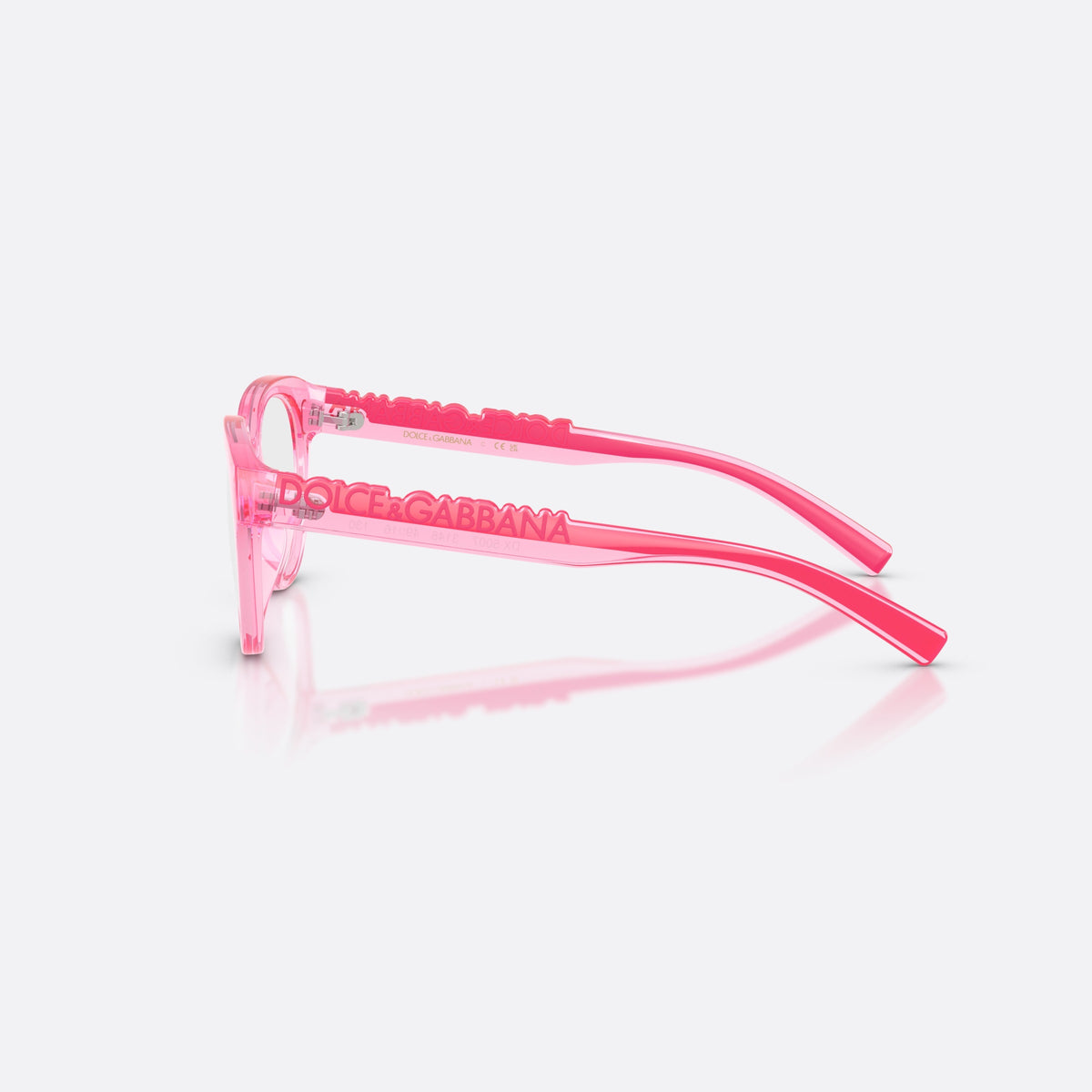 Dolce & Gabbana DX5007 3148 eyeglasses, pink phantos frame for kids, integrated plain bridge, brand lettering on temples, side view