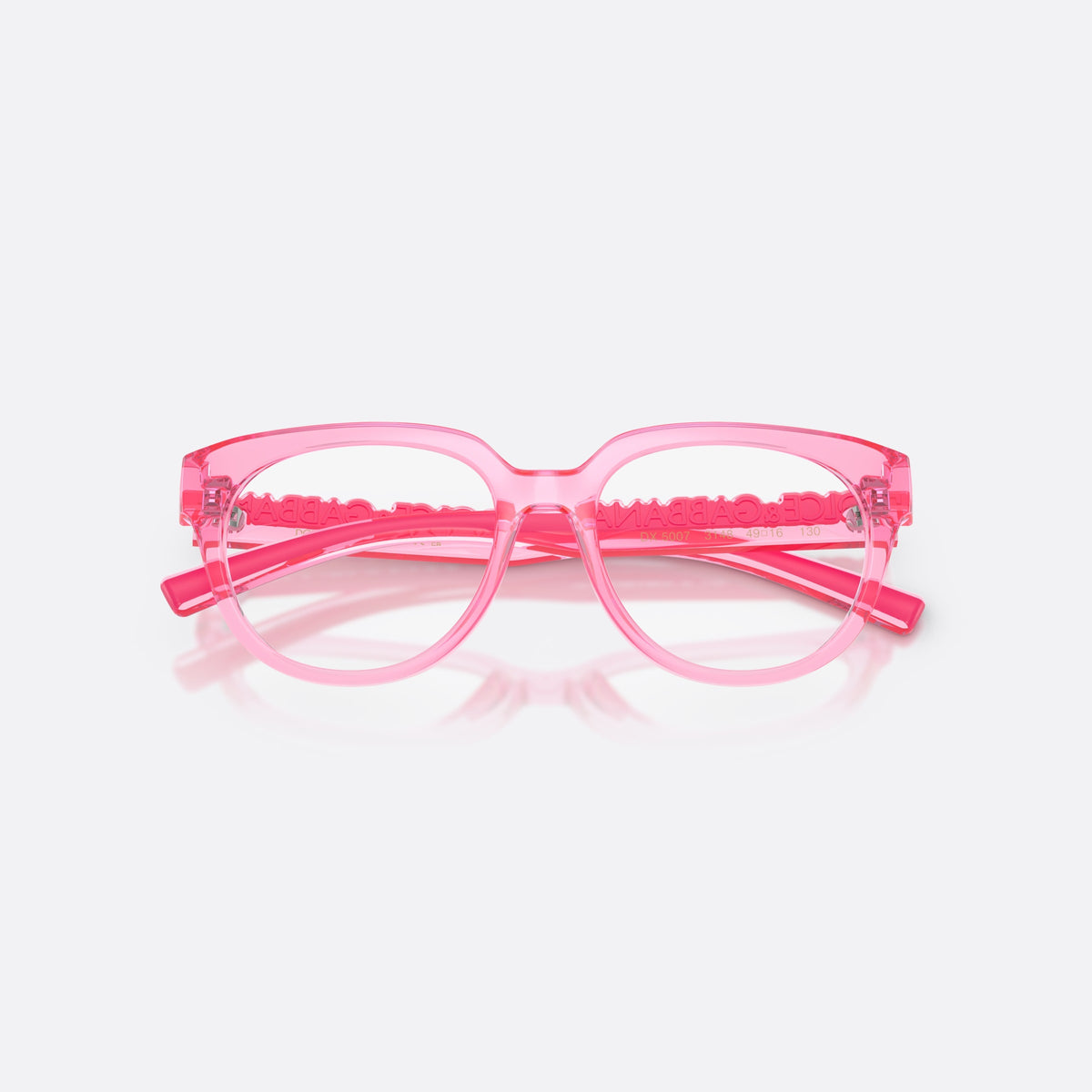 Dolce & Gabbana DX5007 3148 eyeglasses, pink phantos frame for kids, integrated plain bridge, brand lettering on temples, folded