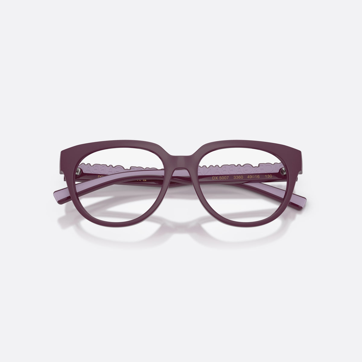 Dolce & Gabbana DX5007 3360 eyeglasses, violet phantos frame for kids, plain bridge, brand lettering on temples, folded