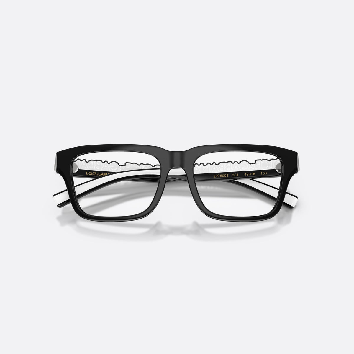 Dolce & Gabbana DX5008 501 eyeglasses, black rectangle frame for kids, plain bridge, brand logo on temple, wide flat temples, folded