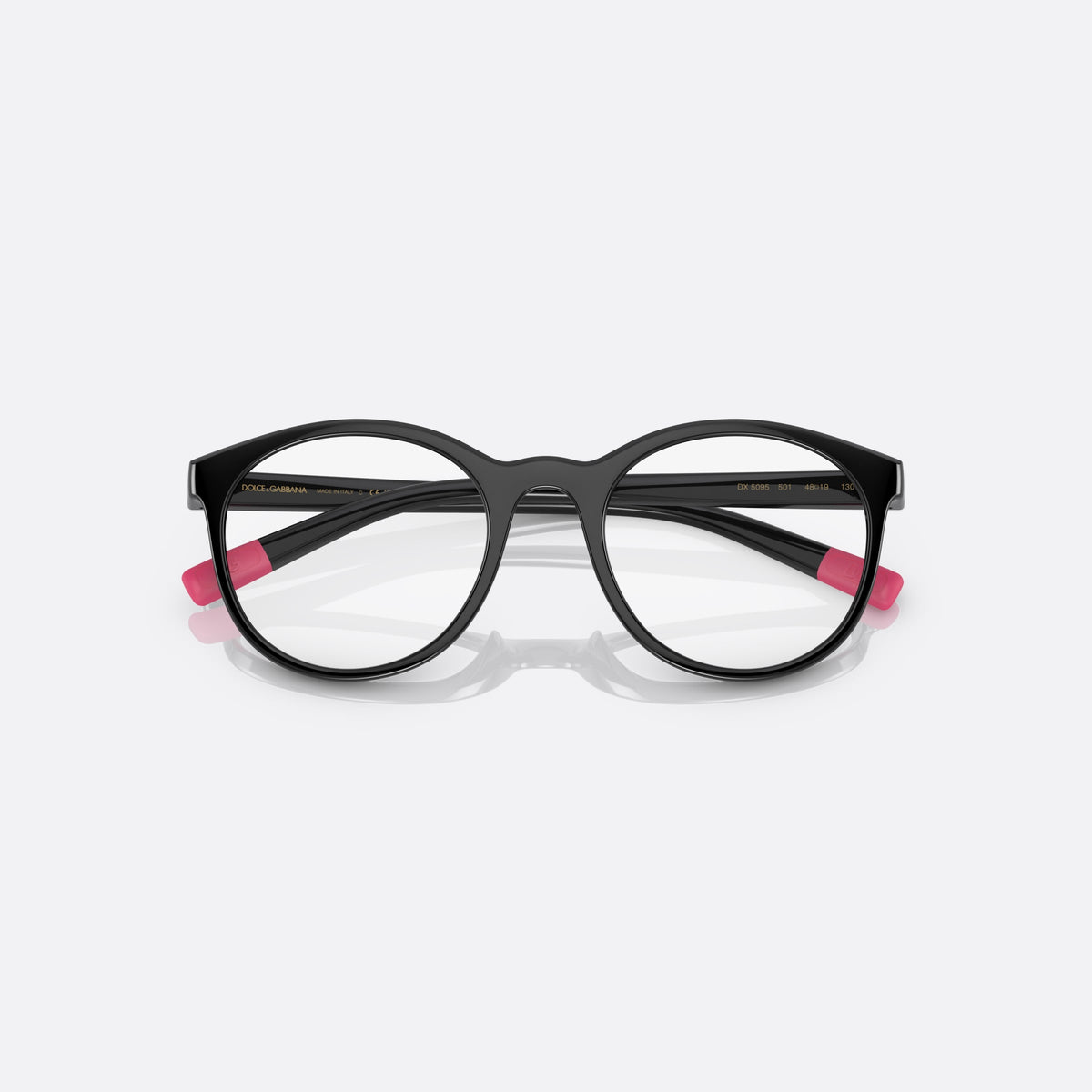 Dolce & Gabbana DX5095 501 eyeglasses, black phantos frame for kids, plain bridge, brand logo on temple, black hinges, folded
