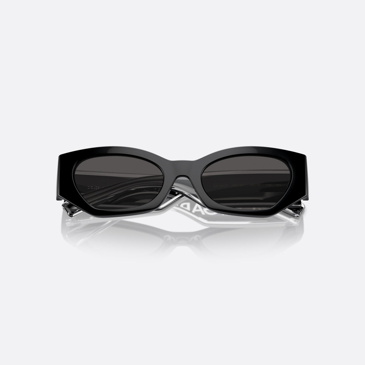 Dolce & Gabbana DX6003 501/87 sunglasses, black cat eye frame for kids, plain integrated bridge, brand lettering on the temples, folded