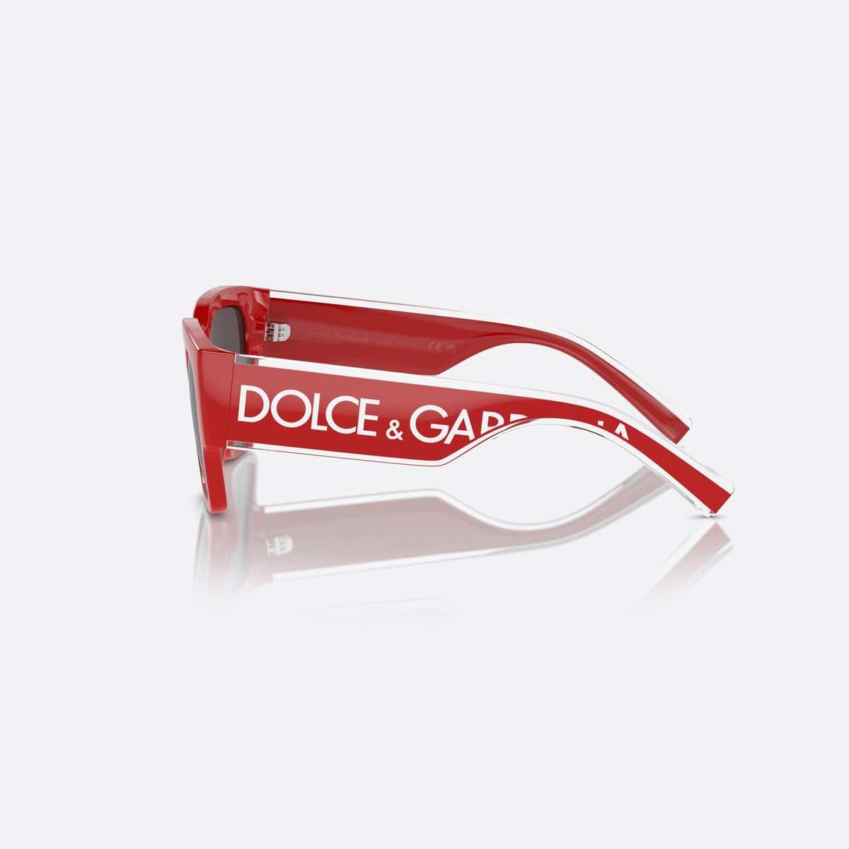 Dolce & Gabbana DX6004 308887 sunglasses, red square frame for kids, plain bridge, brand lettering on temples, full-rim frame, side view