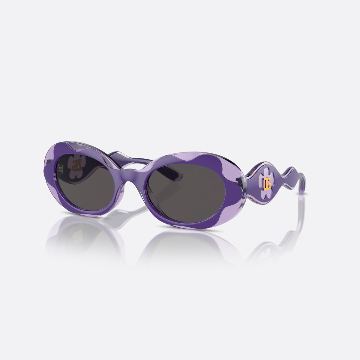 Dolce & Gabbana DX6005 333587 sunglasses, violet oval frame for kids, plain bridge, gold-tone brand logo plaque on temple