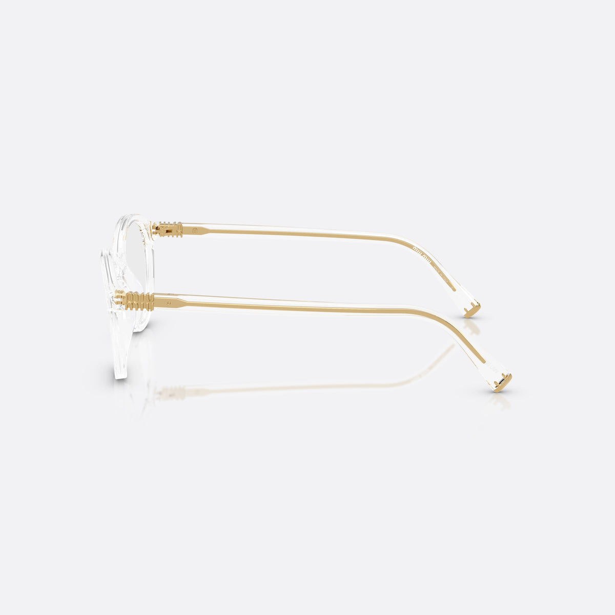 Miu Miu 0MU 02WV 15Z1O1 eyeglasses, clear pantos frame for women, plain bridge, integrated, brand lettering on temples, side view