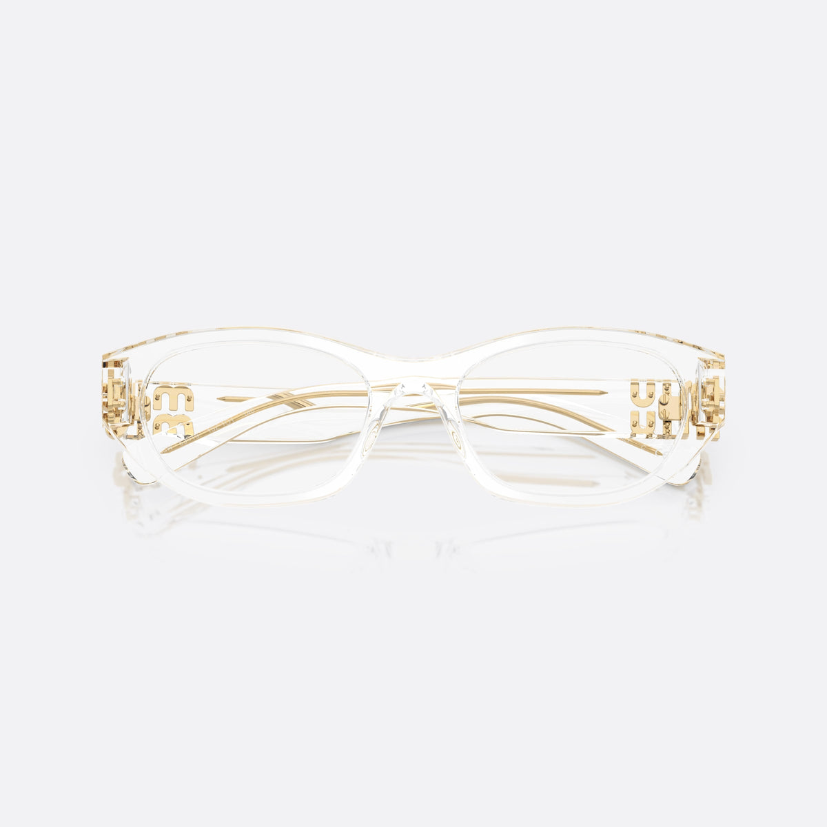 Rame ochelari de vedere Miu Miu 0MU 03WV 15Z1O1, cat eye transparent, pentru femei, punte simplă cu arc neted, literele brandului pe brațe, cu brațele pliate