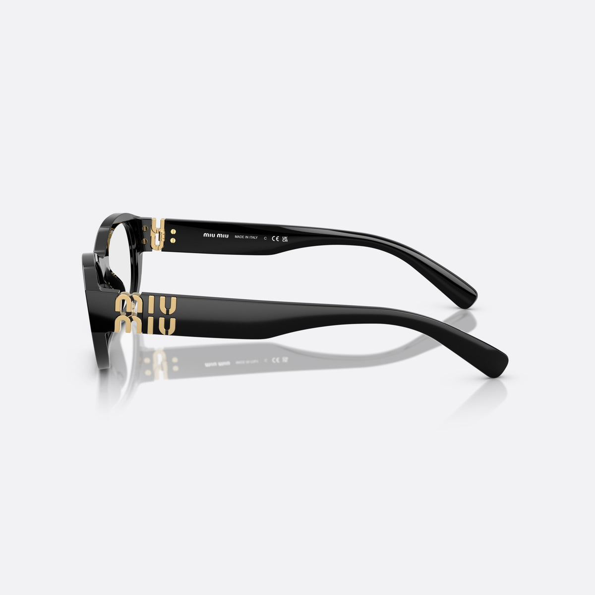 Miu Miu 0MU 03WV 16K1O1 eyeglasses, black cat eye frame for women, keyhole bridge, brand lettering on temples, full rim frame, side view