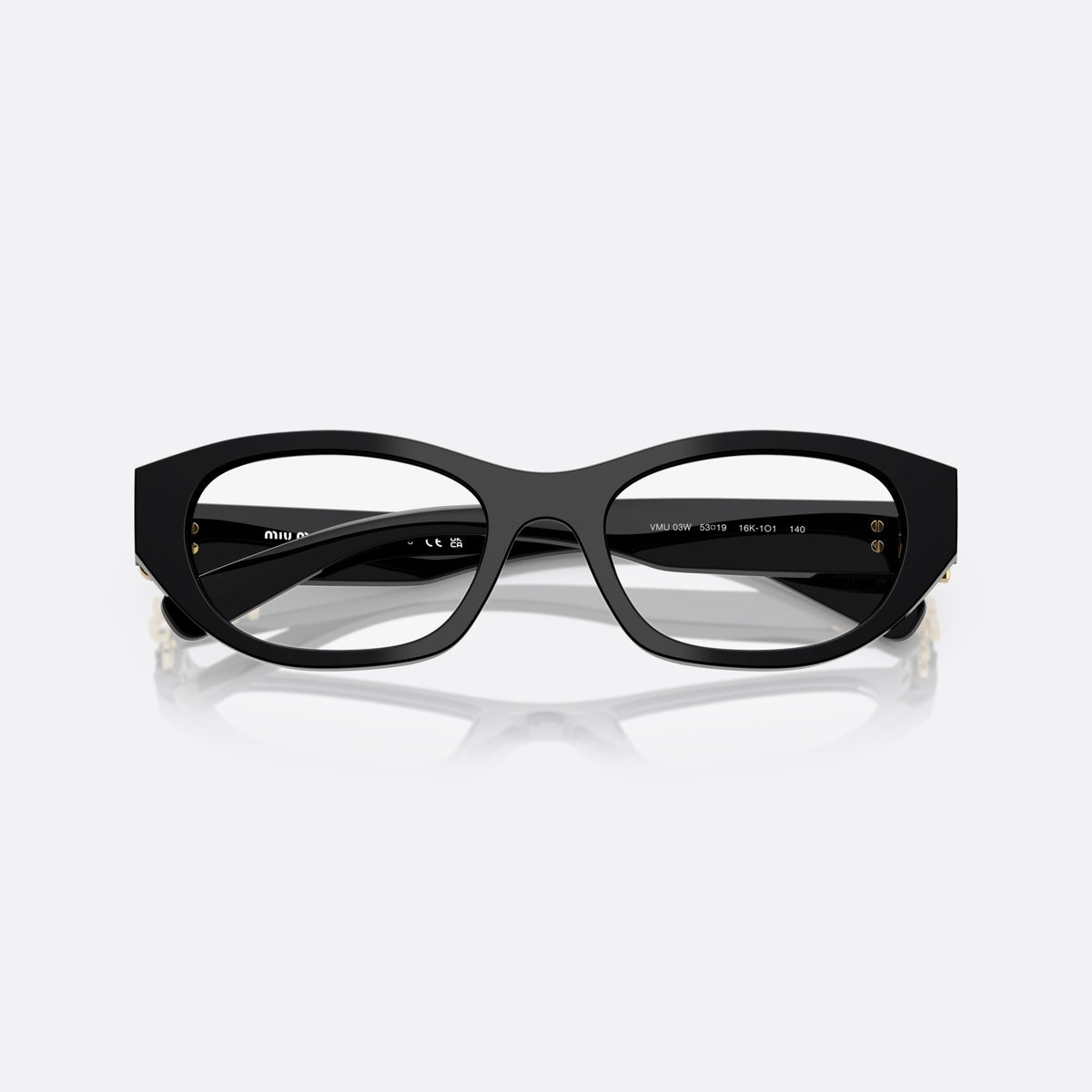 Miu Miu 0MU 03WV 16K1O1 eyeglasses, black cat eye frame for women, keyhole bridge, brand lettering on temples, full rim frame, folded