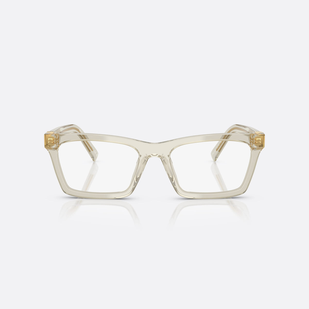 Miu Miu MU 04WV 12U1O1 eyeglasses, clear squared frame for women, plain saddle bridge, brand lettering on temples, front view
