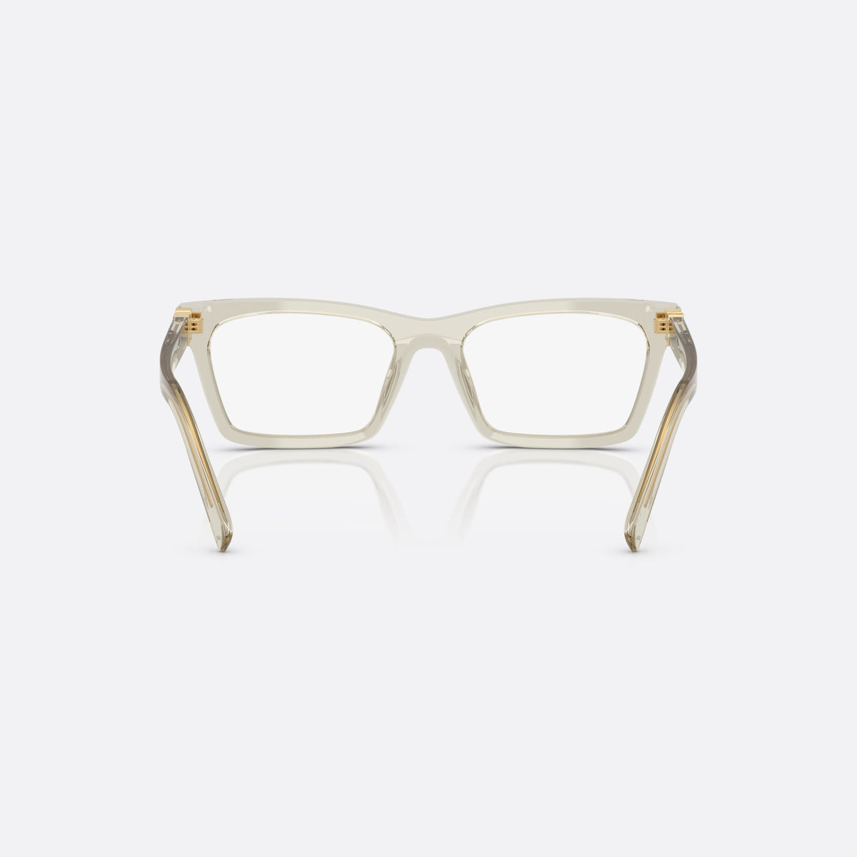 Miu Miu MU 04WV 12U1O1 eyeglasses, clear squared frame for women, plain saddle bridge, brand lettering on temples, back view