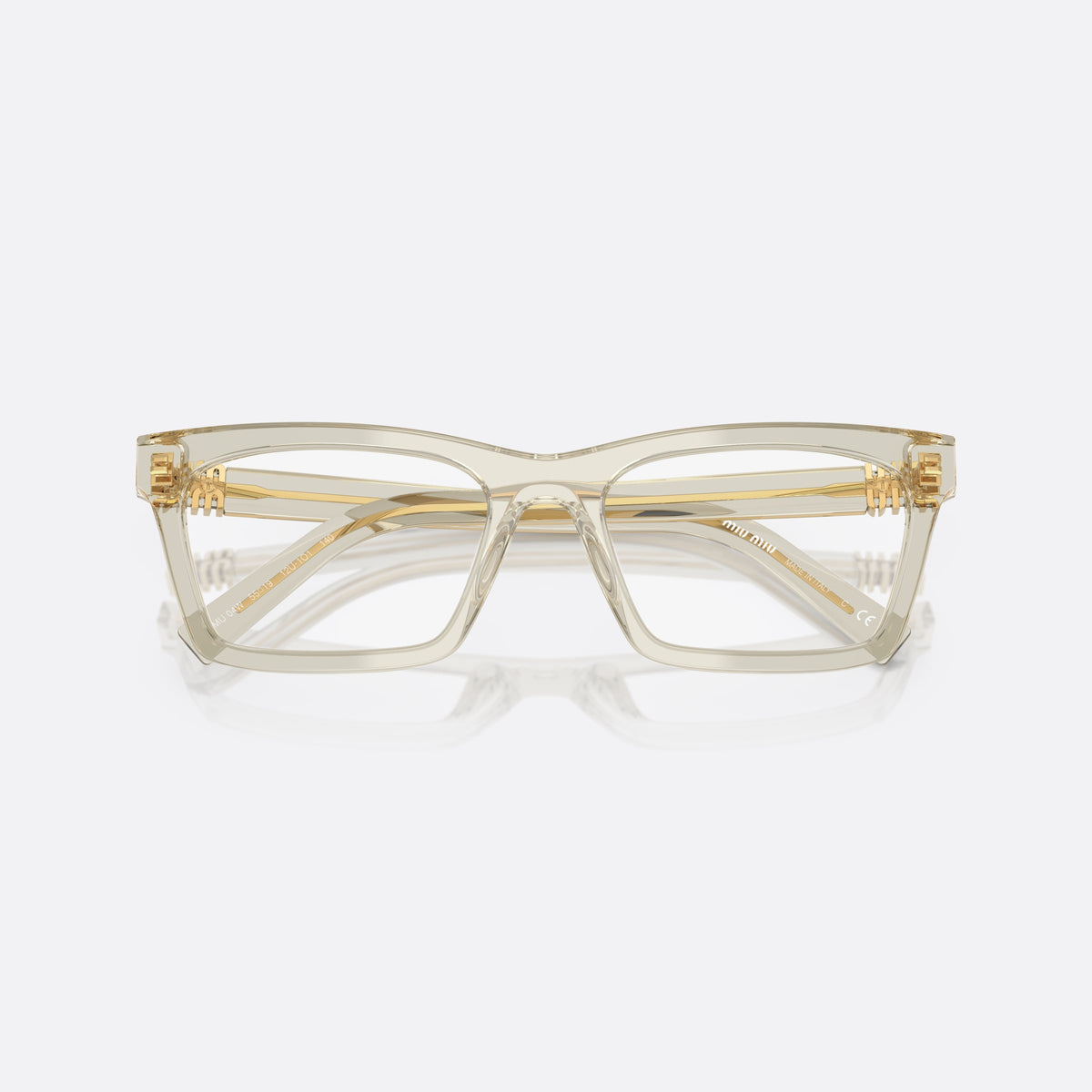 Miu Miu MU 04WV 12U1O1 eyeglasses, clear squared frame for women, plain saddle bridge, brand lettering on temples, folded